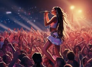 Ariana Grande performing in a white dress illustration
