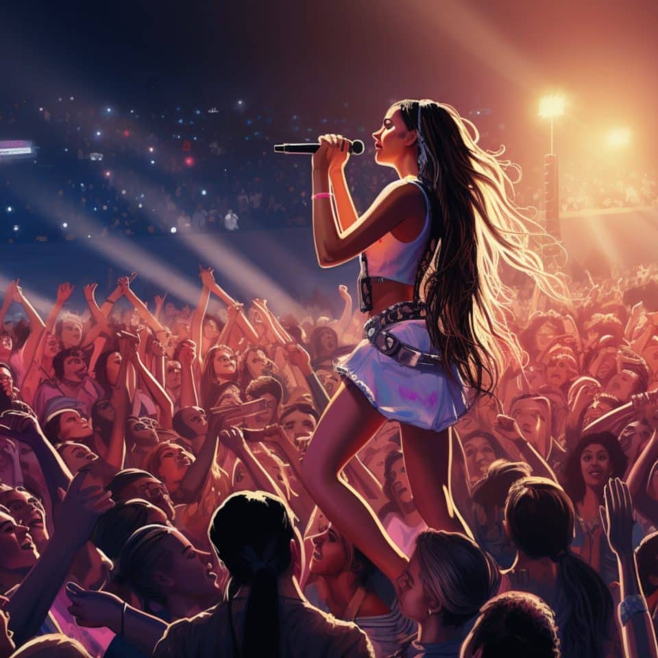 Ariana Grande performing in a white dress illustration