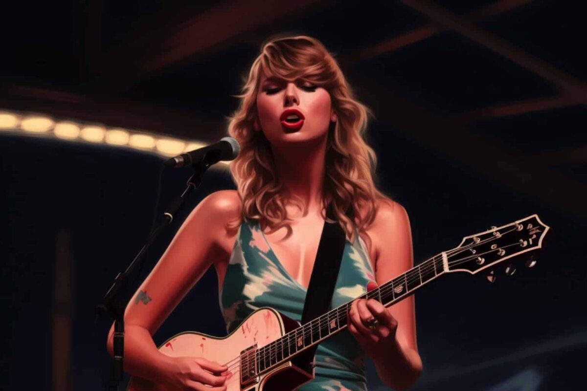 Taylor Swift playing guitar on stage illustration