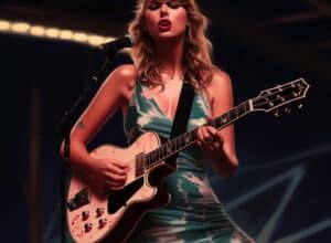 Taylor Swift playing guitar on stage illustration