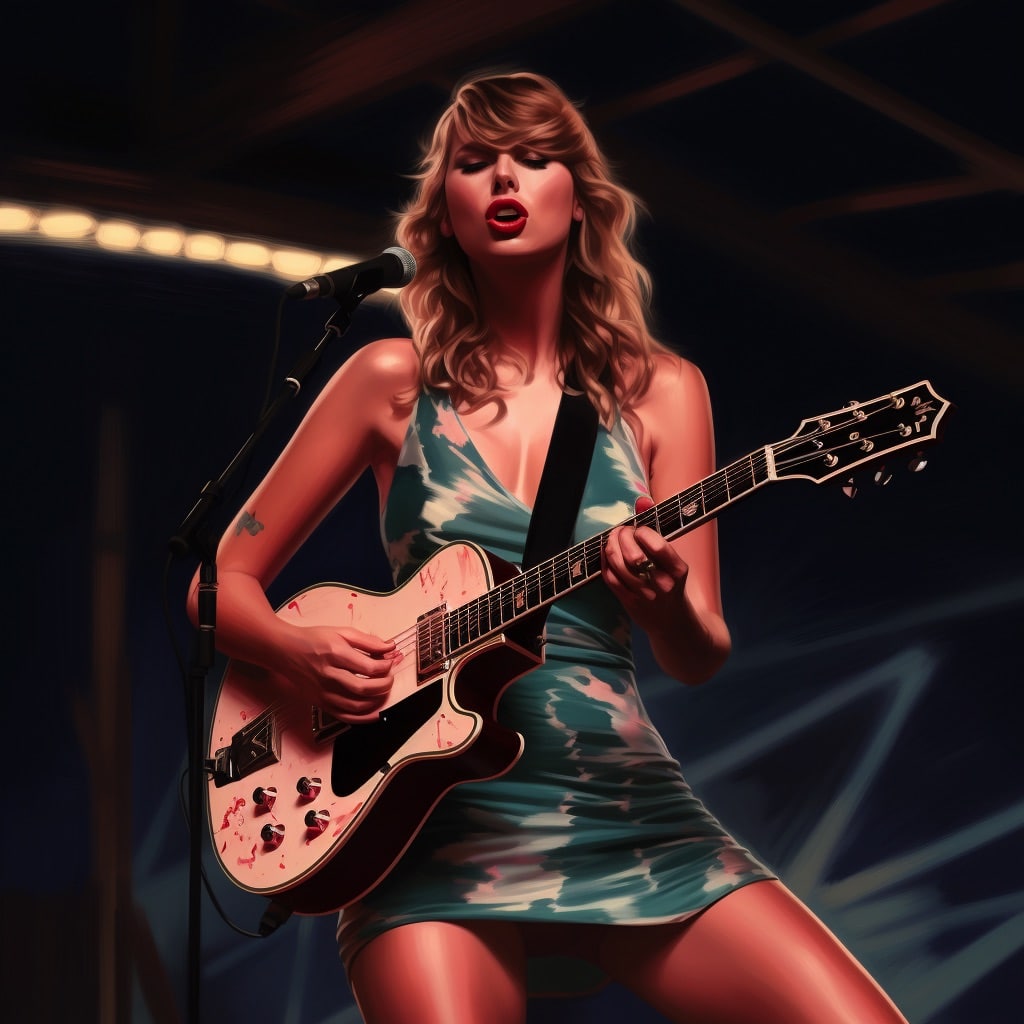 Taylor Swift with Electric Guitar Singing on stage in short blue white dress.