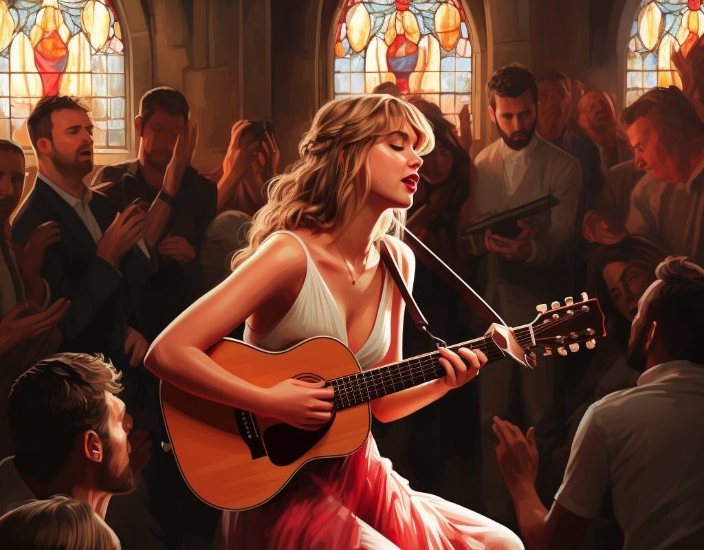 Taylor Swift singing emotional with guitar in an intimate crowd setting
